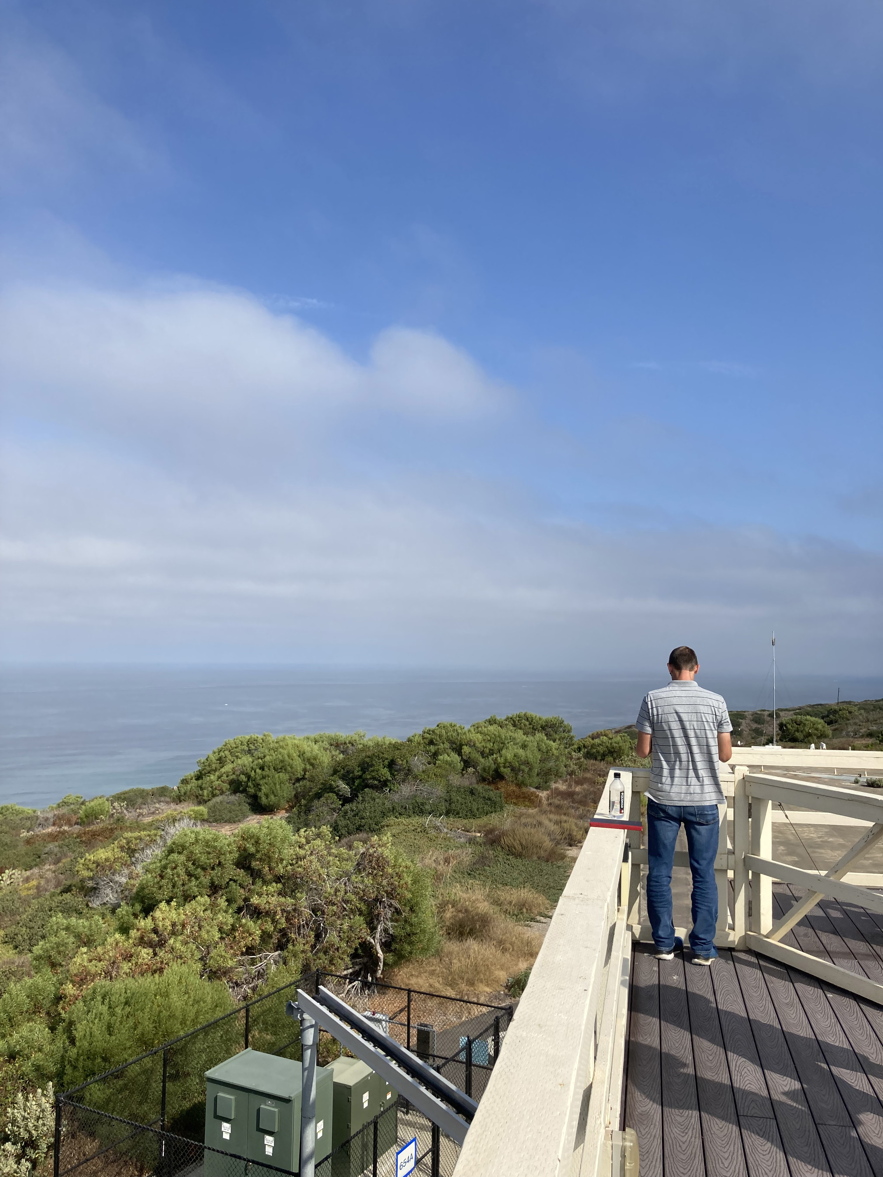 Man from back standing on an outdoor deck with shrubbery and Pacific ocean in background
