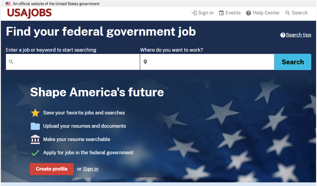 www.USAJobs.gov home page with search field